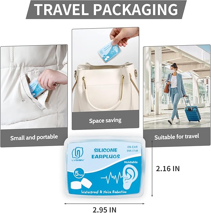 LYSIAN Silicone Moldable Sleep Earplugs Noise Reduction 27dB SNR, 5 Pairs - Noice Cancelling Ear Plugs for Swimming, Sleeping, Snoring (Transparent Color)