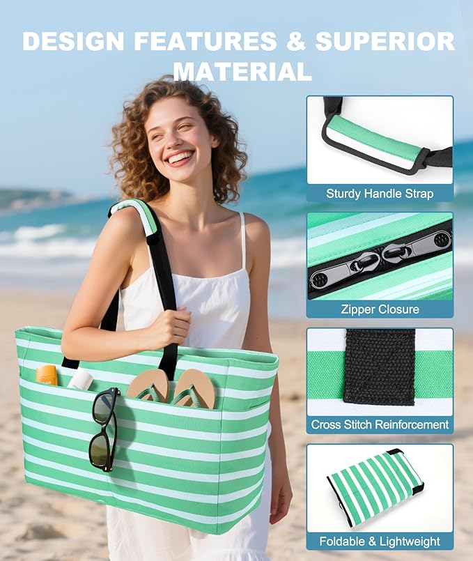 Extra Large Beach Bag Waterproof Beach Totes Bags for Women, Lightweight Foldable Pool Bag with Zipper Wet Compartment