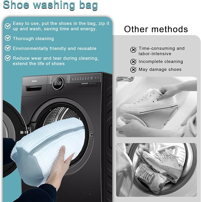 XXL Shoe Washing Machine Bag - 2 Reusable 360° Deep Clean Shoes Washing Bag for Washer and Dryer, Durable Zipper Laundry Shoe Bag Kit Include Laundry Bag for Delicates/Bra Laundry Bags (White)