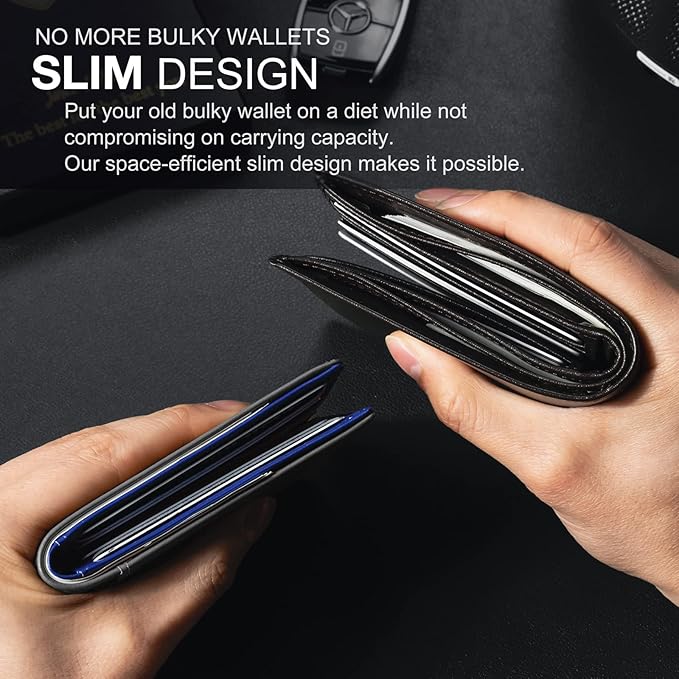 GSOIAX Mens Slim Wallet for Men Minimalist Genuine Leather Carbon Fiber Rfid Blocking Bifold Credit Card Holder With Gift Box (Blue and Carbon Black)