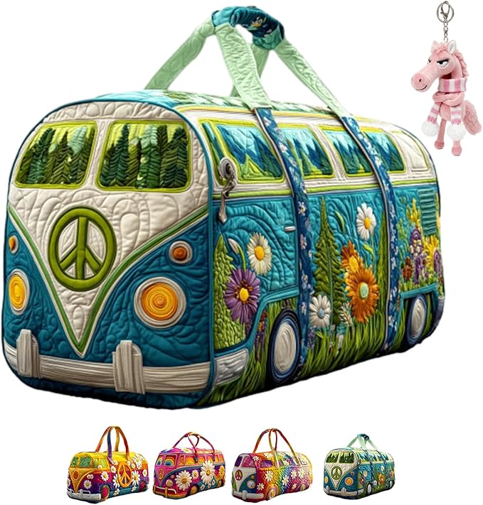 Hippie Van Quilted Duffle Bag, Boho Weekender Travel Overnight Luggage for Women Vintage Floral Gym Tote (style2, Large (18"x9"x9"))