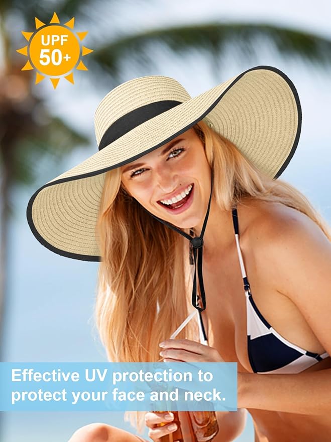 Senker Fashion Sun Hats for Women Oversize Wide Brim Straw Beach Hat Floppy Foldable Roll-Up Summer Vacation UPF 50+