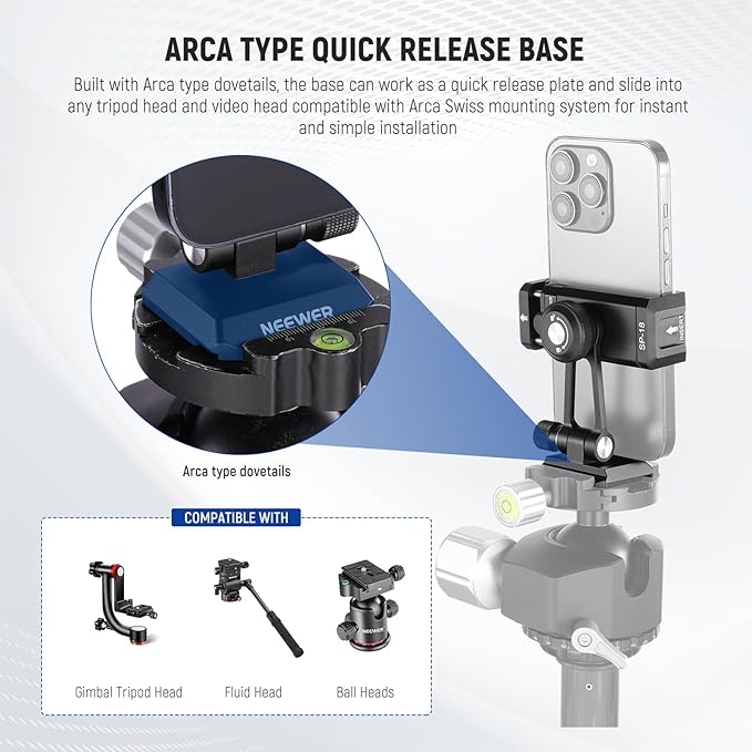 Neewer Phone Tripod Mount Adapter with Arca Type QR Base, Cold Shoe, 1/4" 3/8" Holes, 360° Swivel 180° Tilt, Phone Holder Compatible with iPhone Samsung Arca Swiss DJI RS 4 Pro 3 2 Stabilizer, SP-18