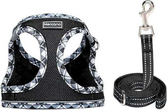 Mercano Soft Mesh Dog Harness and Leash Set, No-Chock Step-in Reflective Breathable Lightweight Easy Walk Vest Harnesses with Safety Buckle for Small Dogs, Cats (Black White, XL)