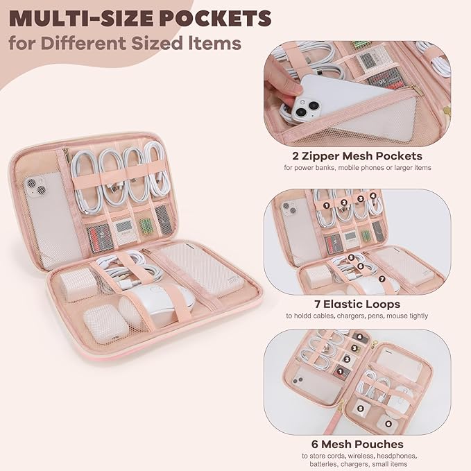 Electronics Organizer Travel Case, Charger Bag Cord Organizer Travel, Compact Tech Pouch Cable Organizer Bag for Charger, Cords, Phone, Headphones, Flash Drive, SD Card (Pink, Large-Single Layer)