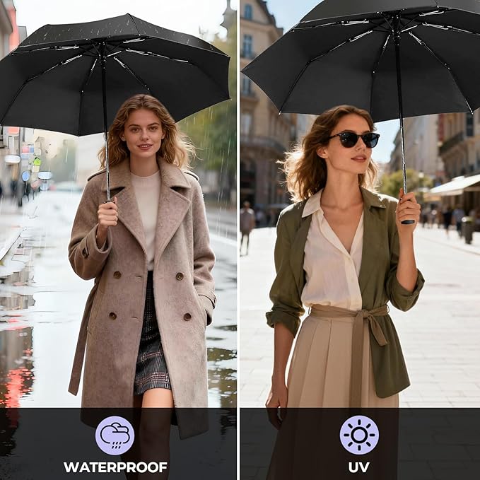 LLanxiry Compact Travel Umbrella, 44" Canopy, Automatic Open/Close Windproof Umbrella, 210T Pongee, 8-Rib Fiberglass, Travel Size Mini, Portable Rain/Sun Umbrellas UPF 50+ with Cover