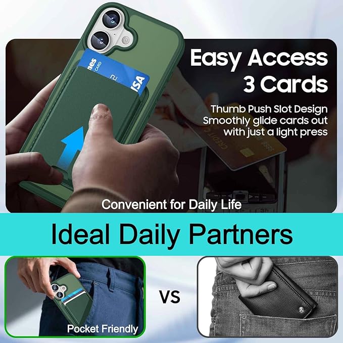 Ntwinro Magnetic for iPhone 16 Plus Case (Compatible with MagSafe) with Detachable Wallet & Card Holder for 3 Cards [RFID Blocking] Military Grade Protective Slim Phone Cover, Green