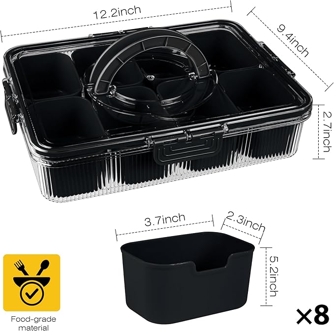 Patent Design Ribbed Snackle Box Container Divided Serving Tray with Lid and Handle -Charcuterie Container Portable Storage Organizer for Candy, Fruit, Beach, Picnics（1 pcs, Black）