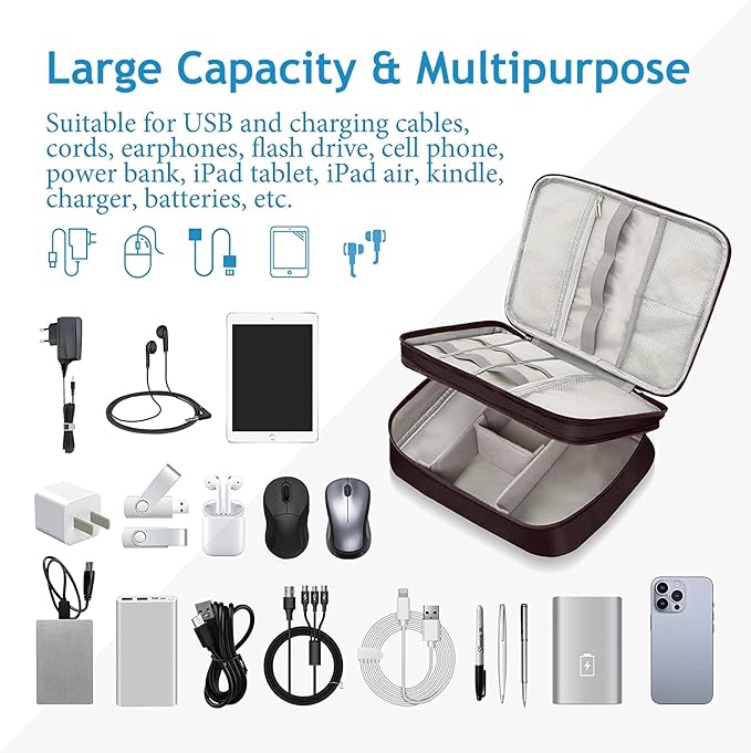Electronics Travel Organizer, Double Layer Cable Organizer Bag Waterproof Electronics Accessories Storage Bag for Charger, Phone, Power Bank, Hard Drive, Cord, Tablet