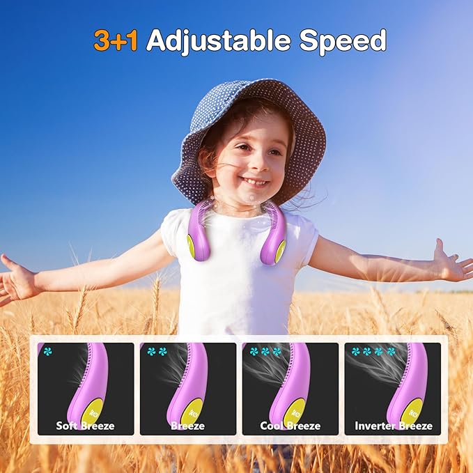 Kids Neck Fan, Portable Bladeless Fans for Kid 4-14Y Girls & Boys, 2600mAh USB Personal Mini Cooling Fan for Travel/Camping/Study, 4 Speeds, Lightweight, Compact, Perfect Summer Gifts for Kids