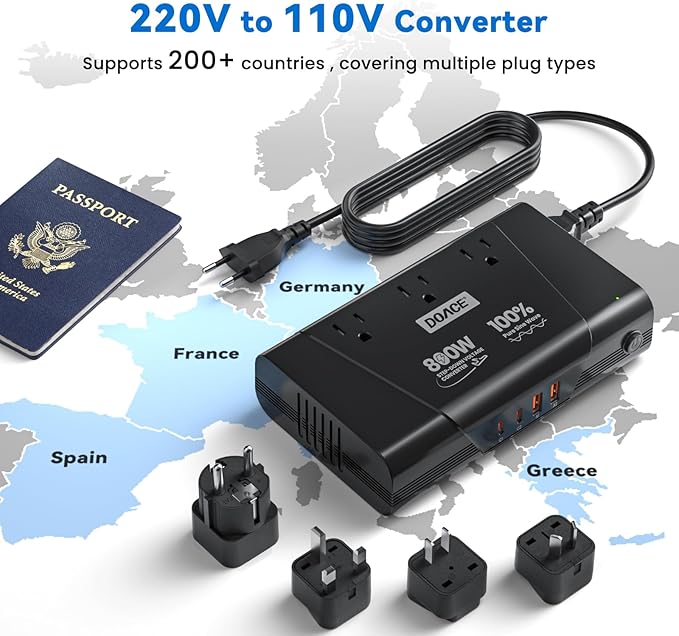 DOACE 800W Universal Travel Adapter: 220V to 110V Pure Sine Wave, EU Step-Down Transformer for 200+ Countries, 3 Outlets & 4 USB, Compatible with Phones, Hair Straighteners, Cameras