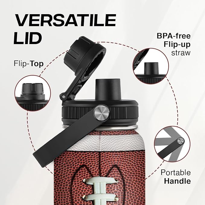 Football Water Bottle 32oz Stainless Steel Insulated Bottles for Men Boys Sports Lovers Fan Players Coach - Softball Gifts for Birthday Christmas