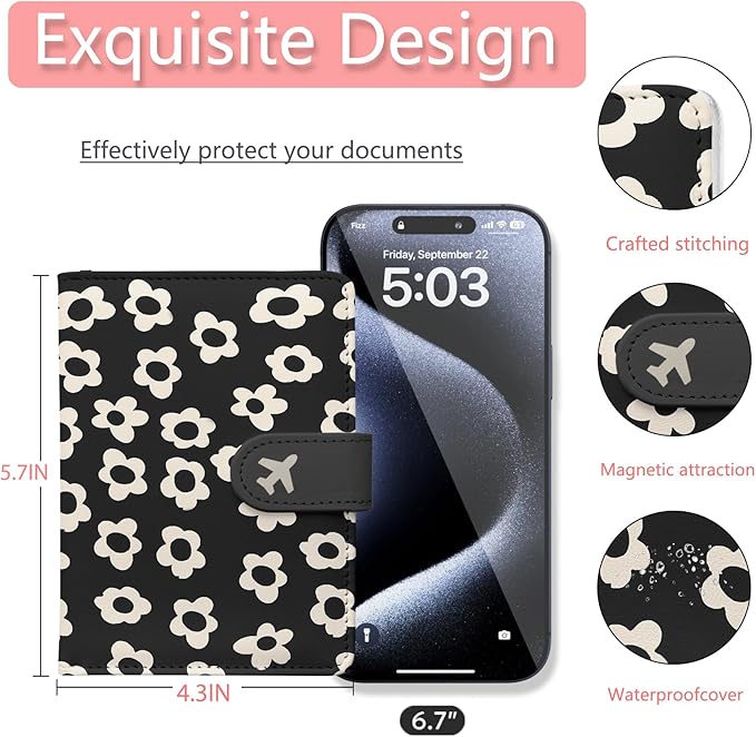 Passport Holder, Travel Wallet Cover with Pen Loop | Cute RFID Blocking Leather Case with Magnetic Closure for Travel Essentials-Flower