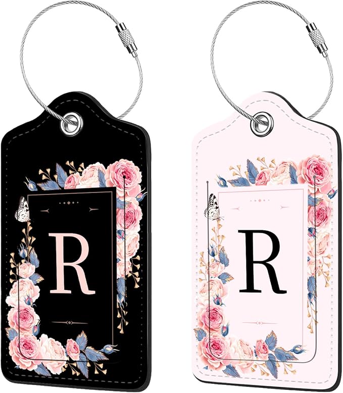 2 Pcs PU Leather Luggage Tag for Suitcases with Privacy Shield and Name ID Tag Address Card Travel Cruise Luggage Tag, Suitable for Men and Women Baggage Handbag Backpack,Flower and Monogram(Letter R