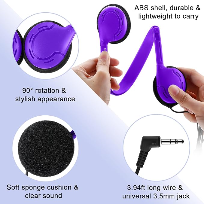 Yunsailing 30 Pack Bulk Over Ear Headphones Set On Ear Headsets Earphones with Adjustable Headband and 3.5mm Plug for Group Learning, Computer Lab, Library, Online Lesson (Purple)