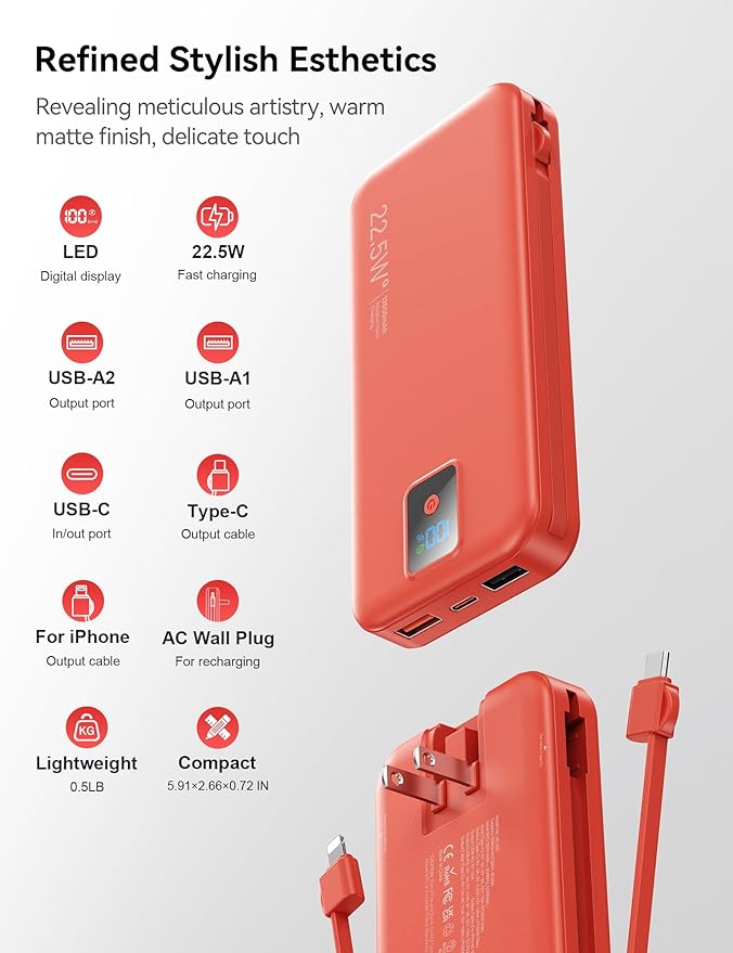 Portable Charger, 12000mAh 22.5W Fast Charging Power Bank with Built-in Cables & Wall Plug, Travel Essential Battery Pack with LED Display, USB C Battery Phone Charger for iPhone, iPad, Samsung Red