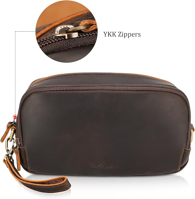 Polare Full Grain Leather Travel Electronics Organizer Case Cable Storage Carry Bag with YKK Zippers Tech Pouch for Cord, Phone, Cables, USB, SD Card, Travel Essentials