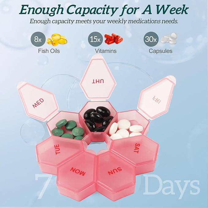 7-Day Weekly Pill Organizer and Daily Vitamin Case - Pill Box for Medication Management (Pinkish-red)
