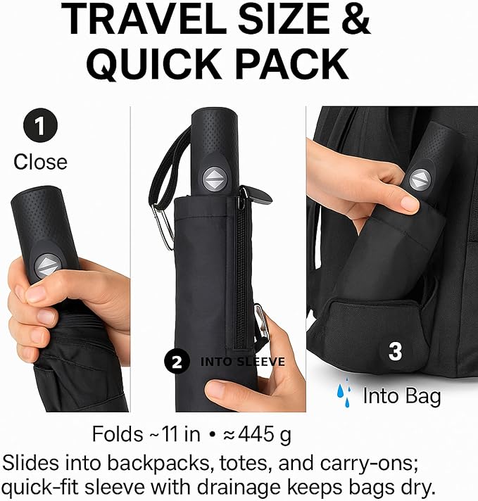 Windproof Travel Umbrella, Compact 11" Folded, Auto Open Close, Vented 42" Canopy, 9 Fiberglass Ribs, 0.98 lb Lightweight Folding Umbrella for Rain, Commuters, Travel, Gift for Men & Women