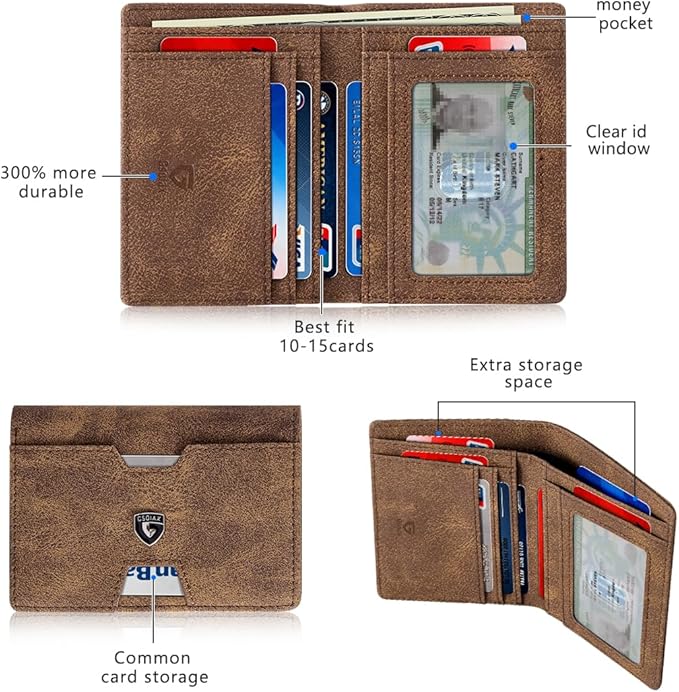 GSOIAX Wallet for Men Slim RFID Blocking Front Pocket Bifold Wallet Leather Money Clip 10-12 Cards Mens Wallet with ID Window Thin Minimalist Credit Card Holder Birthday Gifts for Men Patterned-Brown