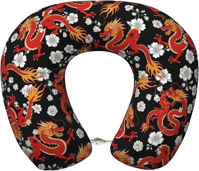 Neck Travel Pillow, Women Men Washable Airplane Car Pillows Japanese Chinese Dragon Flower Black Floral, Head Support Rest U Shaped Cushion Comfortable for Watching TV