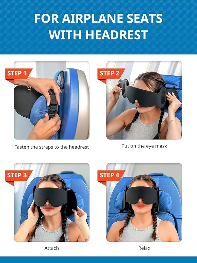 Travel Pillows for Airplanes, Upgraded Airplane Pillow with 3D Eye Mask and Ear Cover Design for Long Flight, 360° Support Sleep Head Hold, Plane Headrest for Sleeping, Stop Bobblehead, Pink