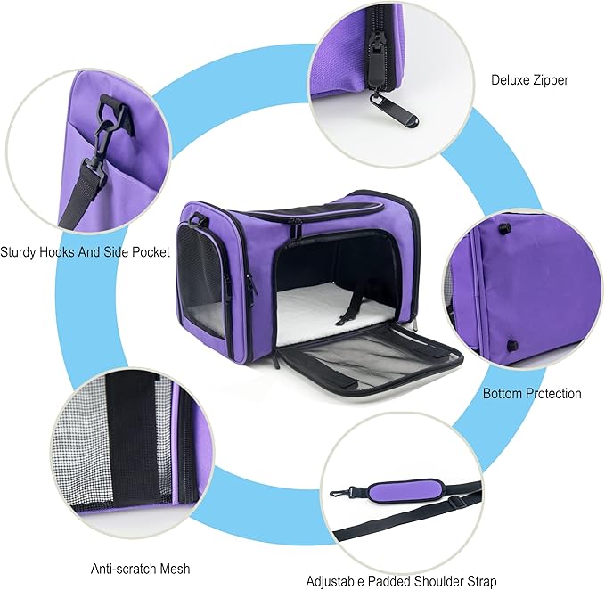 Soft Sided Carrier for Small Medium Cats Dogs,TSA Airline Approved Collapsible Travel Pet Carrier Medium Purple