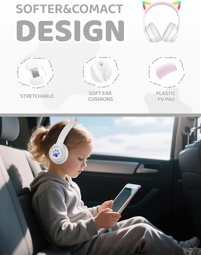 MIDOLA Kids Headphones Cat Ear Wireless Bluetooth 5.3 60H Over Ear, 8H with Led Light Foldable Music Gaming Headset with Aux 3.5mm Mic for Travel Pad Tablet White