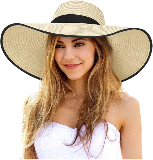 Senker Fashion Sun Hats for Women Oversize Wide Brim Straw Beach Hat Floppy Foldable Roll-Up Summer Vacation UPF 50+