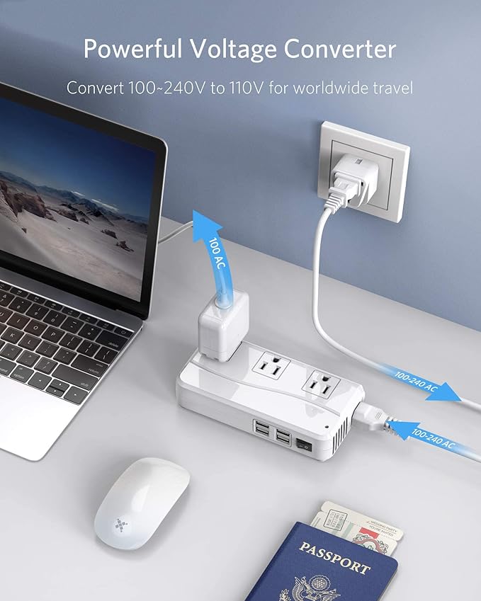 BESTEK Universal Travel Adapter 220V to 110V Voltage Converter with 6A 4-Port USB Charging and UK/AU/US/EU Worldwide Plug Adapter (White)