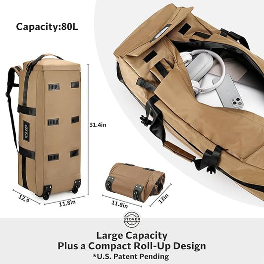 STOVER 80L Rolling Duffel Bag with Wheels, Large 31 Inch Durable Travel Duffle Bag + Toiletry Bag, Heavy Duty, Packable, Foldable w/Shoulder Straps- Use as Luggage or Backpack, Men/Women (Tan)