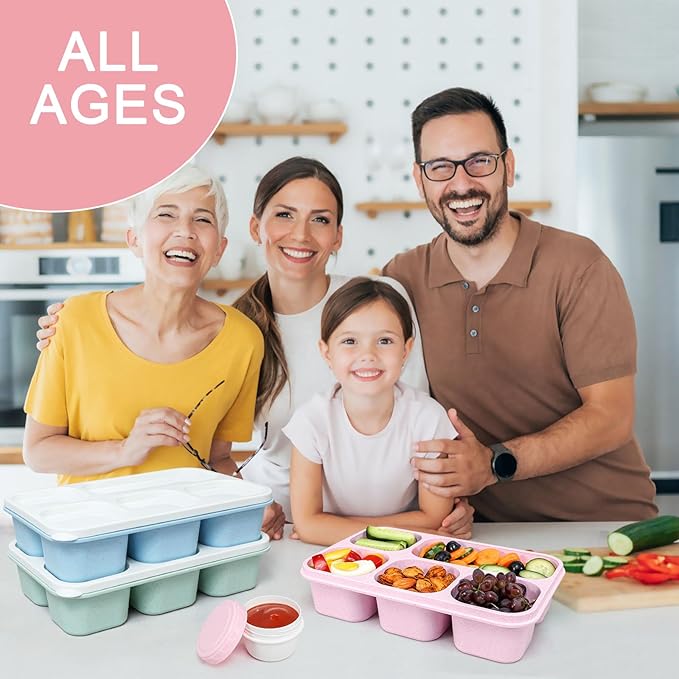 Caperci Bento Box Adult Lunchable Container - Reusable 3-Pack Snack Box Containers with 5-Compartment & 3pc Dressing Cups, BPA-Free Food Storage for Meal Prep, School, Work (Vintage Colors)