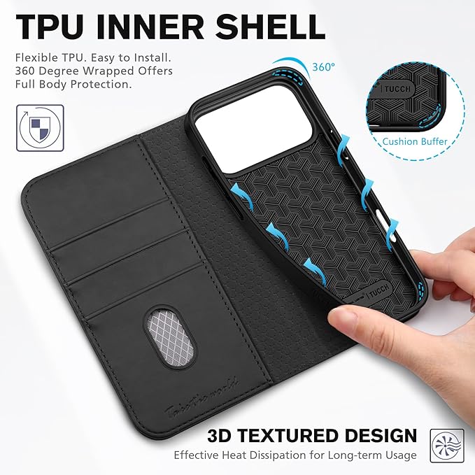 TUCCH Case Wallet for iPhone 17 Pro Max (6.9") 2025, RFID Blocking 3 Card Holders | Kickstand | PU Leather | Protective Flip Folio Cover | TPU Shockproof Interior Shell | Black