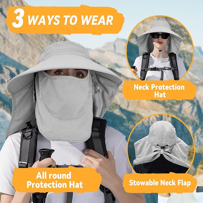 Sun Hats for Men Women Detachable Face Cover Wide Brim Fishing Hats with Neck Flap UPF 50+ Outdoor Safari Hats