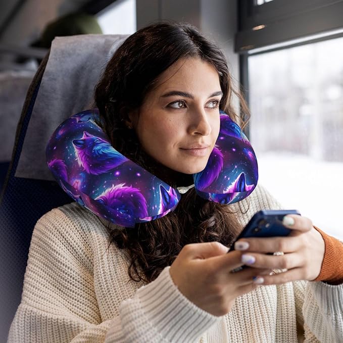 Comfortable Memory Foam Travel Neck Pillow, Funny Chin/Head Cushion Supporting Airplane Car Pillows Purple Universe Galaxy Magic Wolf in The Space Art for Sleeping Outdoors Travel Office