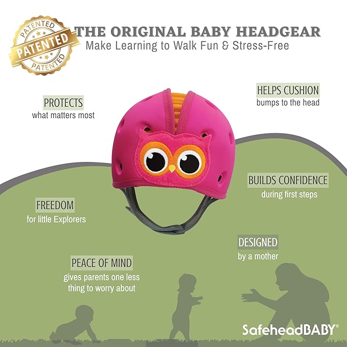 SafeheadBABY Soft Baby Head Protector Helmet for Crawling and Walking 7–24 Months – Ultra-Lightweight & Breathable Infant Safety Helmet That Grows with Your Baby (Head Circ. 40–52 cm) – Owl Pink