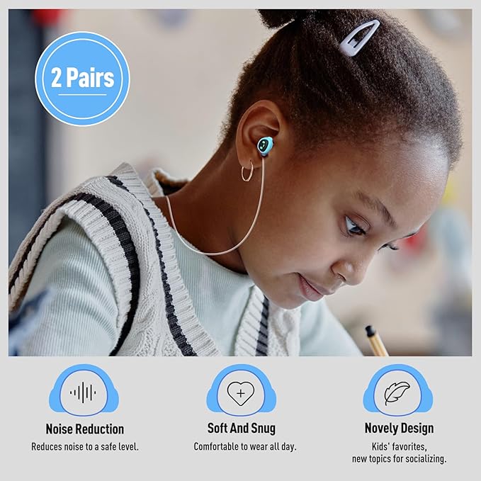 2 Pairs Kids Ear Plugs for 5-12 Yr, 27 dB Noise Reduction Extra Small Earplugs, Ear Plugs for Kids for Noise Sensitivity, Socializing, Sleep, Focus, 4 Sizes Ear Tips in XS-L (2X Purple+Cord)
