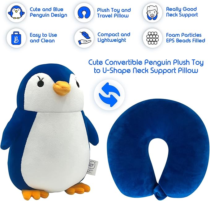 Belkvilo.2 in 1 Plush Penguin and Pillow Travel. Kids Travel Neck Pillow (Small Size 9 in) Color King Blue Soft & Supportive for Airplane, Car & Stroller Age 3, Made Extra Soft Short Plush