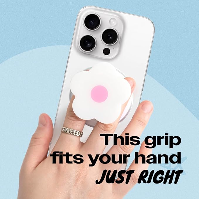 OnTheGrip Compatible with Magsafe Magnetic Cute Solid Color Daisy Flower Design Collapsible Mobile Phone Grip Stand Holder for Smartphone Tablet Cell Phone Accessory (White Pink)