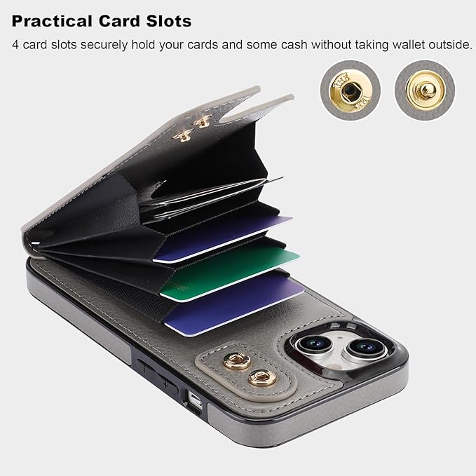 Folosu Compatible with iPhone 15 Case Wallet with Card Holder, 360°Rotation Finger Ring Holder Kickstand, RFID Blocking Leather Protective Double Buttons Shockproof Cover 6.1 Inch Gray
