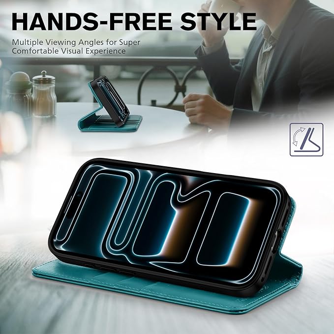TUCCH Case Wallet for iPhone 17 Pro (6.3-Inch) 2025, [3 Card Slots] Kickstand [RFID Blocking] PU Leather Case, Flip Folio Cover with [TPU Shockproof Interior Shell], Teal Green