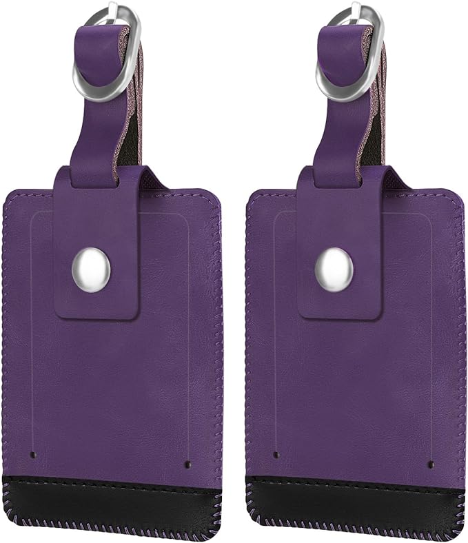 FINTIE 2 Pack Luggage Tags, Leather Name ID Labels with Privacy Cover for Travel Bag Suitcase, Theme - Genuine Leather-Purple