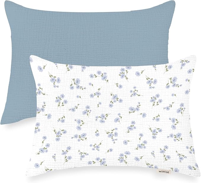 Toddler Pillowcases for 13"x18" Pillow 2 Pack, Muslin Small Toddler Baby Kids Travel Pillow Covers for Boys Girls with Envelope Closure (Flower I & Light Blue, 13 x 18 Inch)