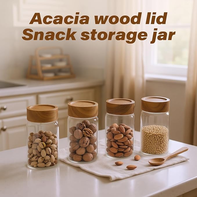 Zoaiirte 6-Pack 10 oz Airtight Food-Grade Glass Mason Jars with Acacia Wood Lids - Sealable, Waterproof & Stackable Canister Set for Overnight Oats, Dry Goods, Baking Supplies & Pantry Organization