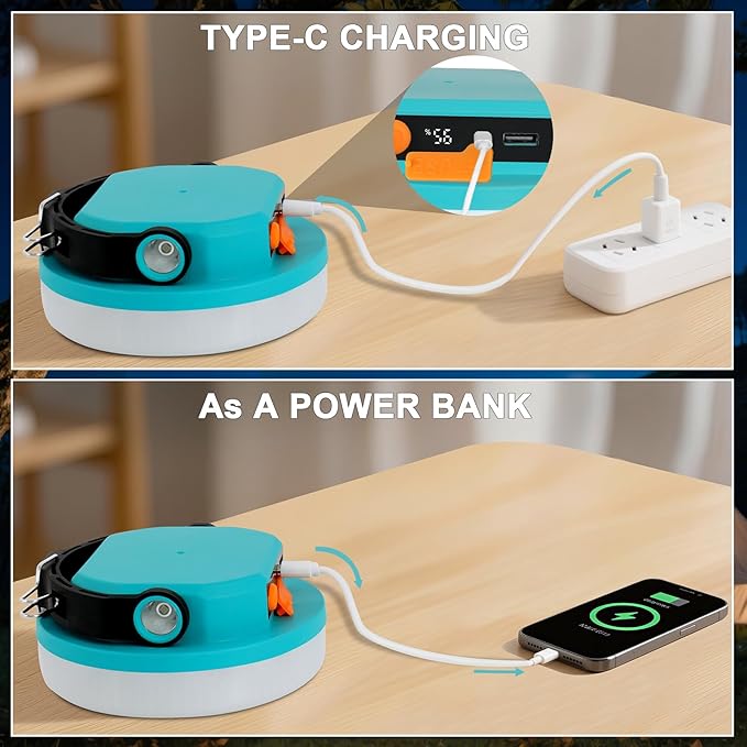 Outdoor Camping lamp Rechargeable lamp, Portable Lighting lamp. Equipped with 6 Brightness Settings, Tent lamp with Hook, Suitable for Power outages, Hiking, and Emergencies. (Blue)