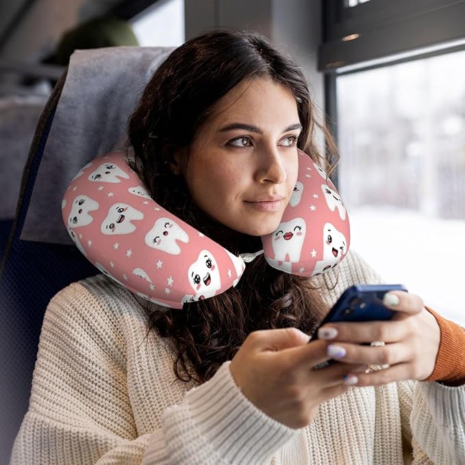 Travel Neck Pillow for Pain Relief Sleeping, Cute Dental Teeth Pink, Comfortable Memory Foam Chin Head Cushion Support with Zip Cover, Fashion Car Flight Pillows