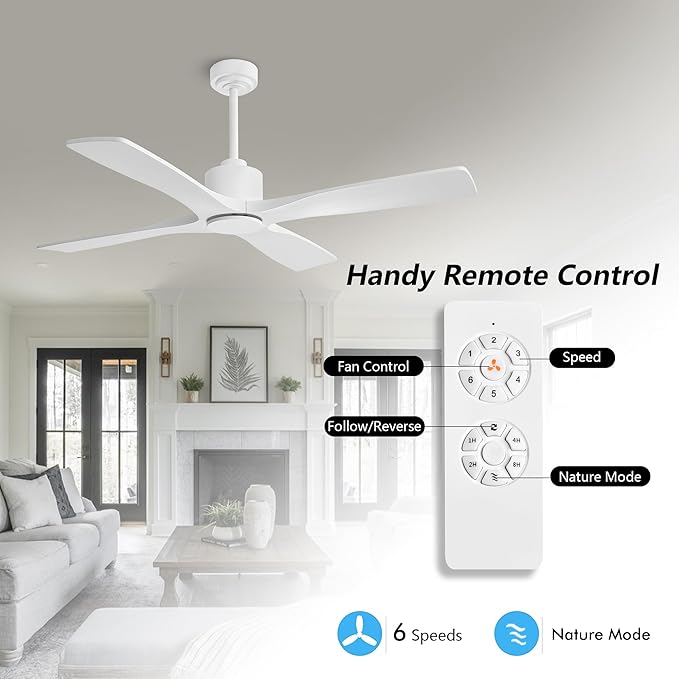 WINGBO 48" DC Ceiling Fan without Lights, 4 Carved Solid Wood Blades, 6-Speed Noiseless Reversible DC Motor, Modern Ceiling Fan No Light with Remote, Gloss White Finish with White Blades, ETL Listed