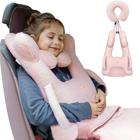 FLORICH Kids Travel Pillow, Car Sleeping Travel Pillow for Kids, Removable H-Shaped Pillow for Adults and Children to Support Head and Body Road Trips with Neck Pillow and Blanket (Pink)