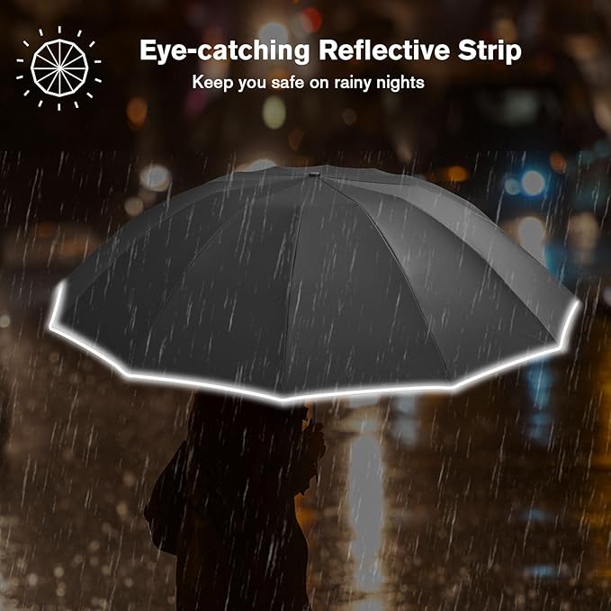 G4Free 42 Inch Eco Windproof Folding Umbrella for Rain & Sun 9 Ribs Wind Resistant Strong Fiberglass Double Canopy with Reflective Strip for Women Men Auto Open Close For Car & Backpack