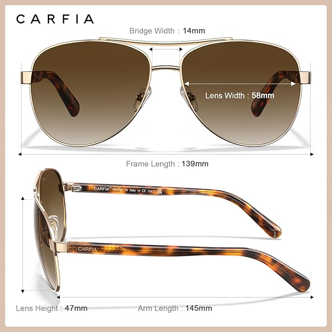 CARFIA Polarized Sunglasses for Women UV Protection Acetate Arms Metal Frame Woman's Shades CA3216